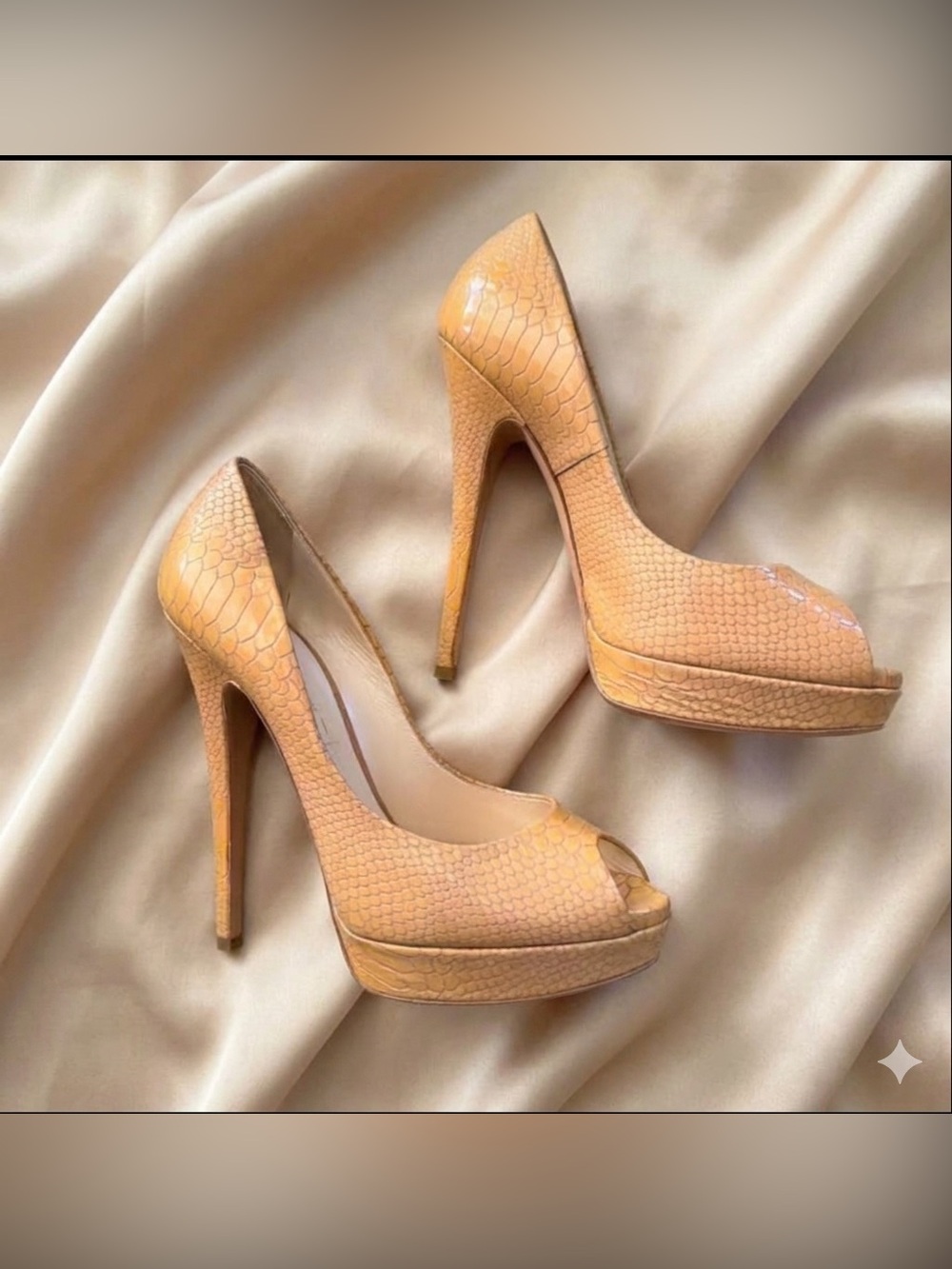 Casadei Tan Python Embossed Leather Peep-Toe Platform Pumps - Size 9 🤎